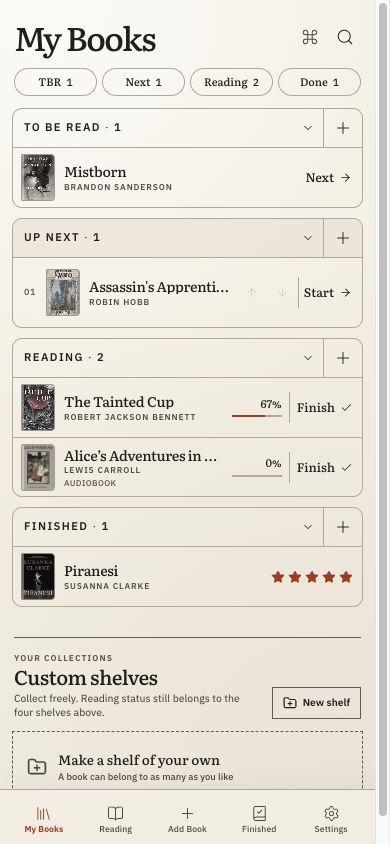 Wovenleaf’s book tracker with four shelves, reading progress, ratings, and complete book covers.